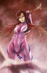  akai_kitsune aqua_eyes arm_behind_head arm_up bad_id bad_pixiv_id bird bodysuit brown_hair glasses highres long_sleeves makinami_mari_illustrious neon_genesis_evangelion pink_bodysuit plugsuit rebuild_of_evangelion solo twintails 