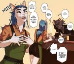 2025 anthro barista beverage blue_hair blush claws clothed clothing coca coca_meza coffee coffee_shop colored comic container cup dialogue digital_drawing_(artwork) digital_media_(artwork) domestic_cat duo english_text felid feline felis female fur furniture gesture hair hand_gesture handwear hi_res jewelry male mammal mitten_hands mittens open_mouth red_eyes requiem_etsu shaded signature simple_background smile speech_bubble standing teeth text topwear white_body yellow_eyes