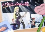  3girls alice_margatroid ascot black_hoodie black_pants blonde_hair blue_dress bow braid brown_hair capelet chinese_commentary commentary commentary_request cookie_(touhou) dress drum drum_set feet_out_of_frame frilled_necktie guitar hair_bow hairband hakurei_reimu heart highres hinase_(cookie) holding holding_guitar holding_instrument hood hoodie instrument keyboard_(instrument) kirisame_marisa long_hair multiple_girls music necktie one_eye_closed open_mouth pants pencil photo_(object) pink_bow pink_eyes pink_hairband pink_necktie playing_instrument red_bow red_eyes reu_(cookie) side_braid single_braid sitting stage_lights standing star_(symbol) striped_clothes striped_hoodie touhou uzuki_(cookie) white_capelet white_hoodie xijun_jinlaile yellow_ascot 