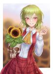  1girl absurdres ascot blurry blurry_background breasts cowboy_shot flower green_hair grummsed hand_up highres holding holding_skull kazami_yuuka long_sleeves looking_at_viewer open_clothes open_vest plaid_clothes plaid_skirt plaid_vest red_eyes red_skirt red_vest shirt short_hair skirt skirt_set skull small_breasts smile sunflower touhou vest white_shirt yellow_ascot 