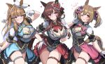  3girls adapted_costume almond_eye_(umamusume) animal_ears bead_bracelet beads black_corset blue_bow blue_bowtie blue_eyes blue_hair blue_overskirt blush bow bowtie bracelet braid braided_hair_rings breasts brown_eyes brown_hair cleavage cleavage_cutout closed_mouth clothing_cutout colored_inner_hair commentary_request corset cowboy_shot cross-shaped_pupils ear_ornament frilled_leotard frills gentildonna_(umamusume) gloves gold_trim grey_leotard hair_between_eyes hair_bow hair_ornament hair_rings hand_on_own_hip hand_up heart heart_ear_ornament highres horse_ears horse_girl horse_tail index_finger_raised jewelry kibihimi large_breasts leotard long_hair looking_at_viewer medium_breasts multicolored_hair multiple_girls multiple_hair_bows one_eye_closed open_mouth pink_bow pink_bowtie pink_overskirt plaid_clothes plaid_leotard purple_bow red_bow red_bowtie red_eyes red_skirt short_sleeves showgirl_skirt side_braid simple_background skindentation skirt smart_falcon_(umamusume) smile symbol-shaped_pupils tail thigh_strap thighs too_many_hair_ornaments trailblazer_bash!_(umamusume) twintails umamusume v v_over_eye white_background white_gloves 