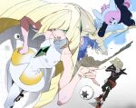  1boy 1girl bewear black_pants black_shirt blonde_hair character_request closed_eyes commentary_request dress floating_hair gladion_(pokemon) green_eyes green_hair hair_over_one_eye hand_on_own_face hand_on_own_hip highres himuro_yukichiko holding holding_microphone jigglypuff long_hair long_sleeves lusamine_(pokemon) microphone mother_and_son one_eye_covered pants pheromosa pokemon pokemon_(anime) pokemon_(creature) pokemon_sm pokemon_tcg pokemon_tcg_pocket red_shoes shirt shoes sleeveless sleeveless_dress very_long_hair white_dress wormhole 