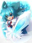  bad_id bad_pixiv_id blue_eyes blue_hair bow cirno crystal_sword dress fang furea_(scarlet_t) hair_bow ice open_mouth puffy_sleeves ribbon short_hair short_sleeves smile solo sword touhou weapon wings 
