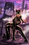  1boy 1girl batman batman_(series) black_bodysuit bodysuit brown_eyes building catwoman cityscape david_nakayama dc_comics goggles highres initial looking_at_viewer outdoors skyscraper 