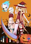  2girls absurdres al_bhed_eyes animal_ears artist_request blonde_hair blue_eyes candle grin halloween hat heart highres jack-o&#039;-lantern jack-o'-lantern midriff multiple_girls navel original red_eyes scythe skull smile weapon white_hair witch witch_hat 