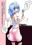  bandages bandaid bare_shoulders blue_eyes blue_hair blush bruise frying_pan hakano_shinshi injury looking_back merlin_prismriver pantylines short_hair skirt solo spatula touhou translated 