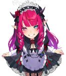  1girl black_dress blue_eyes blunt_bangs chest_bow clothes_lift commentary dasdokter double_bun dress drill_hair drill_sidelocks english_commentary frilled_dress frills garter_straps grin hair_bun halo heterochromia highres hololive hololive_english horns irys_(hololive) irys_(maid)_(hololive) juliet_sleeves lace-trimmed_dress lace_trim leaning_forward long_hair long_sleeves looking_at_viewer maid maid_headdress multicolored_hair nail_polish official_alternate_costume official_alternate_hairstyle pink_nails pleated_dress pocket_watch pointy_ears puffy_sleeves purple_eyes purple_hair red_hair sidelocks skirt skirt_lift smile solo star-shaped_pupils star_(symbol) star_halo streaked_hair symbol-shaped_pupils watch 