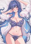  1girl alternate_costume bed_sheet black_hair blue_bra blue_eyes blue_hair blue_nails blunt_bangs blush bra breasts cleavage collarbone commentary fingernails hair_intakes hands_up highres hololive hololive_english ibbychan lace-trimmed_bra lace-trimmed_panties lace_trim large_breasts long_hair looking_at_viewer lying multicolored_hair nail_polish navel on_back open_clothes open_shirt ouro_kronii panties parted_lips smile solo stomach underwear very_long_hair virtual_youtuber 