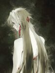  1boy bare_back black_hair blade_(honkai:_star_rail) blood_on_body commentary earrings english_commentary expressionless from_behind gem hair_ornament head_down highres honkai:_star_rail honkai_(series) jewelry long_hair looking_ahead male_focus nape nude partially_colored red_eyes red_gemstone sepia single_earring solo ssanagi00 standing upper_body very_long_hair 