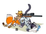 aiming aiming_gun aiming_rifle aiming_weapon akai_hime_(wild_assault) anthro ass_up athletic athletic_anthro athletic_female big_butt black_body black_fur black_pawpads blue_eyes butt canid canine clothed clothed_anthro clothed_female clothing combat_cat_studio digitigrade digitigrade_heels digitigrade_paws domestic_cat duo erwin_(wild_assault) felid feline felis female fingerless_gloves fox freckles_(artist) fur gloves gun handwear head_down_ass_up heterochromia hi_res holding_gun holding_object holding_ranged_weapon holding_rifle holding_sniper_rifle holding_weapon knee_pads leaning_on_another lying lying_on_ground mammal military_clothing military_jacket military_pants multicolored_body multicolored_fur object_on_butt on_front on_ground orange_body orange_fur pawpads pink_clothing ranged_weapon red_eyes rifle sitting sitting_on_ground sniper_rifle sniper_scope teamwork toy weapon white_body white_clothing white_fur wild_assault yellow_eyes