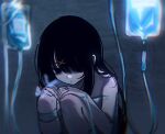  1girl ame-chan_(needy_girl_overdose) bags_under_eyes black_eyes black_hair blue_butterfly blunt_bangs blurry blurry_background blurry_border blurry_foreground bug butterfly dark glowing hair_ornament hair_over_one_eye hands_on_own_knees highres hospital_gown intravenous_drip koharustuki long_hair looking_at_animal needy_girl_overdose self-harm_scar sidelocks solo squatting x_hair_ornament 