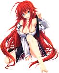  absurdres ahoge bad_feet bare_shoulders barefoot blue_eyes breasts cleavage fang full_body high_school_dxd highres huge_ahoge kuoh_academy_school_uniform large_breasts lifting long_hair looking_at_viewer miyama-zero necktie necktie_removed off_shoulder open_mouth red_hair rias_gremory scan school_uniform shirt_pull shoes simple_background sitting skirt smile socks solo spread_toes white_background white_legwear 
