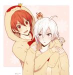  2boys adjusting_hood ahoge arms_around_neck asymmetrical_hair border bow bowtie brown_hoodie chibi chibi_on_head chibi_on_shoulder eyelashes fingernails floral_background grey_outline hair_between_eyes hand_on_another&#039;s_hand happy heart highres hood hood_up hoodie hug hug_from_behind idolish7 kujou_tenn looking_at_another lower_teeth_only male_focus multiple_boys multiple_views nanase_riku nau_(rg_sn79) on_head open_mouth outline outside_border parted_lips pink_background pink_eyes pink_shirt red_bow red_bowtie red_eyes red_hair red_shirt shirt short_hair_with_long_locks smile sparkle tareme teeth tsurime twitter_username upper_body white_border white_hair yaoi 
