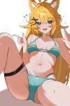  1girl absurdres animal_ears antenna_hair bikini blonde_hair blue_bikini blue_eyes breasts cat_ears choker dokibird_(vtuber) feathers hair_ornament hairclip halterneck hana20000920 highres indie_virtual_youtuber long_hair looking_at_viewer medium_breasts navel simple_background spread_legs string_bikini swimsuit thigh_strap thighs white_background yellow_choker 
