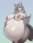 anthro areola belly big_belly big_breasts breasts canid canine canis female fur ginormous_belly grey_body grey_fur grey_hair hair hand_on_own_belly hi_res huge_belly huge_breasts hyper hyper_belly hyper_pregnancy long_hair looking_at_viewer mammal multicolored_body multicolored_fur nipples nude odisia orange_eyes pink_areola pink_nipples portrait pregnant pregnant_anthro pregnant_female solo standing thick_thighs three-quarter_portrait two_tone_body two_tone_fur wide_hips wolf