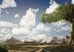  absurdres blue_sky cloud cloudy_sky commentary_request day field highres mountain no_humans original outdoors photoshop_(medium) scenery sky tower town tree warera 