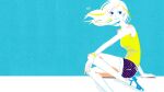  1girl aqua_background arm_support bare_arms bare_legs bare_shoulders blonde_streaks blue_eyes blue_sandals bracelet breasts commentary_request floating_hair foot_out_of_frame jewelry knee_up letterboxed light_blush light_smile long_hair looking_at_viewer masking_tape_(medium) medium_breasts mixed_media multicolored_hair original outside_border purple_shorts ryono sandals short_shorts shorts sitting solo streaked_hair tank_top traditional_media unconventional_media white_hair yellow_tank_top 
