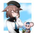  1girl ^_^ animal_ear_fluff animal_ears beret black_hat black_sailor_collar black_undershirt blue_background blue_flower blue_hair blue_necktie blush border brooch brown_hair cat_ears cat_girl cats_in_abox closed_eyes colored_inner_hair cropped_shirt ears_down english_commentary flower flower_request hand_on_own_cheek hand_on_own_face happy hat highres indie_virtual_youtuber jewelry long_sleeves michiyo_mao mouse_(animal) multicolored_hair necktie octagram outside_border puffy_long_sleeves puffy_sleeves sailor_collar school_uniform serafuku short_hair sky smile split_mouth star_brooch upper_body virtual_youtuber white_border white_serafuku 