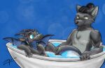 2025 anthro bathing bathing_together black_body black_scales blue_body blue_eyes blue_scales blue_wings bubble_bath canid canine canis casual_nudity dragon dragon_horn duo fur green_eyes grey_body grey_fur hand_on_another&#039;s_tail hi_res horn looking_at_another looking_back male male/male mammal mythological_creature mythological_scalie mythology partially_submerged scales scalie sitting smile suds wings wolf zephyrpanthur