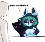 animal_ears animal_nose areola big_breasts black_clothing black_hoodie black_topwear blue_body blue_fur boobs?_wanna_touch_boobs? breasts clothed clothing dialogue duo eyelashes female freckled_breasts freckled_face freckles front_view fur green_hair grey_areola grey_nipples hair hi_res hoodie humanoid league_of_legends madmanart male meme navel nipples presenting presenting_breasts raised_clothing raised_hoodie raised_topwear riot_games short_hair simple_background tencent text topwear vex_(lol) white_background yordle