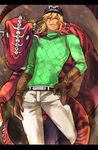  belt blonde_hair blue_eyes diego_brando dinosaur fangs gloves green_shirt hat ishiima_shiro jojo_no_kimyou_na_bouken male_focus shirt solo steel_ball_run sweater turtleneck 