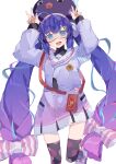  1girl absurdres ahoge animal_hat armband arms_up black_hat black_thighhighs black_undershirt blue_eyes blue_hair blue_streaks blunt_bangs bow braid cellphone_strap commentary_request double_v eel_hat fang feet_out_of_frame goggles gradient_clothes gradient_hair gradient_skirt hair_between_eyes hair_bow hair_ornament hairclip hat hat_ribbon highres honeycomb_(pattern) honeycomb_print jacket large_hat long_hair long_sleeves looking_at_viewer low-braided_long_hair low-tied_long_hair low_twintails mimikuri_(user_mtdk7723) mortarboard multicolored_hair multicolored_shoes multicolored_skirt open_mouth otomachi_una otomachi_una_(voicepeak) pink_skirt pink_streaks pink_stripes pleated_skirt print_thighhighs puffy_long_sleeves puffy_sleeves purple_jacket purple_skirt red-framed_eyewear ribbon safety_pin sailor_collar sailor_jacket shirt shoes shoulder_strap simple_background skin_fang skirt smartphone_case smile solo standing standing_on_one_leg streaked_hair striped_bow striped_ribbon thighhighs turtleneck turtleneck_shirt twintails v v-shaped_eyebrows vertical-striped_bow very_long_hair voicepeak white_armband white_background white_bow white_ribbon white_sailor_collar white_shoes 