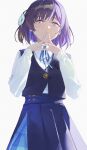 1girl absurdres blue_overskirt blue_ribbon blue_skirt blue_vest commentary gakuen_idolmaster hataya_misuzu highres idolmaster li-mi light_smile long_sleeves looking_at_viewer neck_ribbon own_hands_together pleated_skirt purple_hair ribbon shirt short_hair simple_background skirt skirt_set solo steepled_fingers vest white_background white_shirt 