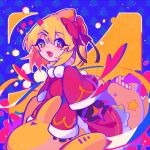  1girl bilibili_3461583319600097 blonde_hair blue_background bow chinese_commentary coat commentary_request dress fins fish_tail frilled_dress frills from_side hair_between_eyes hair_bow hair_ornament hairclip heterochromia indie_virtual_youtuber kaofish long_bangs long_sleeves looking_at_viewer open_mouth patterned_background pink_coat puffy_sleeves red_eyes ribbon santa_costume shark_tail sitting sleeves_past_wrists smile star_(symbol) tail yellow_eyes 