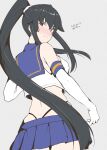 1girl artist_name black_hair black_panties blue_sailor_collar blush closed_mouth cosplay cowboy_shot crop_top dated elbow_gloves from_behind gloves hair_between_eyes highleg highleg_panties highres kantai_collection long_hair looking_at_viewer microskirt panties pleated_skirt ponytail red_eyes sailor_collar scrunchie shimakaze_(kancolle) shimakaze_(kancolle)_(cosplay) skirt solo taira_yuuki thong underwear very_long_hair white_gloves yahagi_(kancolle) 