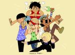  1girl 4boys black_hair black_necktie black_suit blonde_hair brown_overalls cesel dark-skinned_male dark_skin hair_over_one_eye hat holding holding_sword holding_weapon long_nose looking_at_viewer middle_finger monkey_d._luffy multiple_boys nami_(one_piece) necktie one_piece overalls roronoa_zoro sanji_(one_piece) short_hair sleeveless straw_hat straw_hat_pirates suit sword tank_top usopp weapon wristband yellow_background 