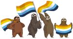 absurd_res ambiguous_gender aroace_pride_colors brown_body brown_fur claws eyes_closed flag fur group hi_res illustratedjai lgbt_pride lgbt_pride_month mammal markings pilosan semi-anthro simple_background size_difference sloth white_background white_markings xenarthran