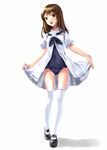 ahoge brown_eyes brown_hair dress full_body katahira_masashi long_hair mary_janes old_school_swimsuit one-piece_swimsuit original sailor_dress school_swimsuit school_uniform shoes solo swimsuit swimsuit_under_clothes thighhighs 