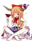  ^_^ barefoot belt blonde_hair bloomers blush bow chabi_(amedama) chain closed_eyes cup drunk fang full_body gourd hair_bow hand_on_own_knee horn_ribbon horns ibuki_suika indian_style long_hair open_mouth ribbon sakazuki shirt simple_background sitting sleeveless sleeveless_shirt smile solo touhou underwear white_background 