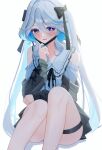  1girl ahoge alternate_costume bare_legs black_bow black_jacket black_ribbon blue_eyes blue_hair blue_shirt blush bow closed_mouth furina_(genshin_impact) genshin_impact hair_between_eyes hair_bow heterochromia jacket long_sleeves looking_at_viewer mask medium_hair mouth_mask multicolored_hair open_mouth ribbon ruarua0819 shirt smile solo streaked_hair sweater_jacket symbol-shaped_pupils white_hair 