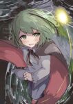  1girl antennae black_cape blue_shorts blush bug cape chidori_nekoro collared_shirt commentary_request cowboy_shot firefly green_eyes green_hair grin long_sleeves red_cape shirt short_hair shorts smile solo touhou two-sided_cape two-sided_fabric white_shirt wriggle_nightbug 