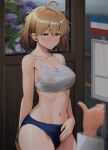  1boy 1girl admiral_(kancolle) ahoge blue_buruma blush breasts brown_hair buruma commentary_request covered_nipples grey_sports_bra hand_on_own_crotch highres ichikawa_feesu kantai_collection large_breasts navel oboro_(kancolle) rain see-through_clothes short_hair sports_bra sweat sweatband thumbs_up wet 