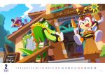  2025 3boys absurdres bee_boy blue_sky calendar_(medium) chameleon_boy charmy_bee closed_eyes cloud crocodile_boy dated day english_text espio_the_chameleon flying furry furry_male gloves hammer highres holding holding_hammer multiple_boys official_art open_mouth orange_shirt outdoors shirt sky sonic_(series) standing triangle_mouth vector_the_crocodile white_gloves yellow_eyes 