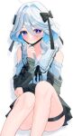  1girl ahoge alternate_costume bare_legs black_bow black_jacket black_ribbon blue_eyes blue_hair blue_shirt blush bow closed_mouth furina_(genshin_impact) genshin_impact hair_between_eyes hair_bow heterochromia highres jacket long_sleeves looking_at_viewer mask medium_hair mouth_mask multicolored_hair ribbon ruarua0819 shirt smile solo streaked_hair sweater_jacket symbol-shaped_pupils white_hair 
