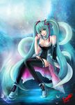  absurdres aqua_hair artist_name bad_id bad_pixiv_id black_legwear breasts choker detached_sleeves green_eyes hair_ribbon hatsune_miku high_heels highres jewelry large_breasts legs long_hair long_legs necklace rayka ribbon shoes sitting solo thighhighs thighs twintails very_long_hair vocaloid zettai_ryouiki 