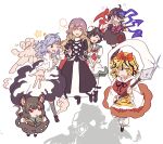  1boy 6+girls anger_vein animal_ears animal_print annoyed asymmetrical_wings black_dress black_hair blonde_hair blue_eyes blue_hair double_v dress gradient_hair green_eyes grey_skirt grey_vest hat highres hijiri_byakuren holding holding_polearm holding_weapon houjuu_nue kumoi_ichirin long_hair long_sleeves medium_hair mitsusame mouse_ears mouse_girl mouse_tail multicolored_hair multiple_girls murasa_minamitsu nazrin no_headwear open_mouth orange_skirt pointy_ears polearm purple_hair red_eyes red_shirt shadow shameimaru_aya shirt short_hair short_sleeves shorts skirt smile tail taking_picture tiger_print toramaru_shou touhou two-tone_hair unzan v vest weapon white_background white_dress white_shirt white_shorts wings yellow_eyes 