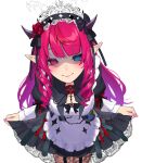  1girl black_dress blue_eyes blunt_bangs chest_bow closed_mouth clothes_lift commentary dasdokter double_bun dress drill_hair drill_sidelocks english_commentary frilled_dress frills garter_straps hair_bun halo heterochromia highres hololive hololive_english horns irys_(hololive) irys_(maid)_(hololive) juliet_sleeves lace-trimmed_dress lace_trim leaning_forward long_hair long_sleeves looking_at_viewer maid maid_headdress multicolored_hair nail_polish official_alternate_costume official_alternate_hairstyle pink_nails pleated_dress pocket_watch pointy_ears puffy_sleeves purple_eyes purple_hair red_hair shaded_face sidelocks simple_background skirt skirt_lift smile solo star_halo streaked_hair watch white_background yandere 