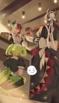  3girls apron black_dress black_hair black_tail black_wings commentary_request dougaku_(passionpit777) dragon_girl dragon_horns dragon_tail dragon_wings dress duel_monster eating food green_hair green_tail green_wings group_picture hair_bun highres holding holding_tray horns house_dragonmaid indoors kitchen_dragonmaid long_hair low_wings maid maid_headdress multiple_girls parlor_dragonmaid red_hair red_tail red_wings speech_bubble spoken_expression squatting tail tray twintails wings yu-gi-oh! 