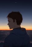  1boy brown_eyes brown_hair closed_mouth dusk enelous from_behind gundam gundam_hathaway&#039;s_flash hathaway_noa highres horizon looking_at_viewer male_focus outdoors profile short_hair sideways_glance sky solo upper_body very_short_hair 