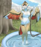  black_nose bottomless breasts clothing feathers female fence grass half-dressed hose looking_at_viewer multi-colored_body nipples outside pitu pool pussy red_eyes shirt solo tree water wet wings wood 