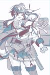  absurdres black_hair black_skirt gloves grey_shirt greyscale highres kabe_(inunufuwafuwa) kantai_collection long_hair monochrome pleated_skirt ponytail ribbon sailor_collar shirt skirt very_long_hair white_gloves white_ribbon yahagi_(kancolle) yahagi_kai_ni_(kancolle) 