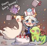  1girl :d animal axolotl bird black_pants blue_eyes blue_shirt blush box cake candle chibi dated dinosaur fang fire food gift gift_box grey_hair happy_birthday hat in_box in_container kobutanori original pants parted_bangs party_hat rabbit shirt smile solo standing swan 