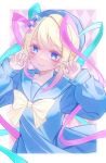  blonde_hair blue_eyes blue_serafuku blue_shirt blush border bow chouzetsusaikawa_tenshi-chan colored_tips cubism_(needy_girl_overdose) double-parted_bangs hair_between_eyes hair_bow hands_up highres index_finger_raised koharustuki looking_at_viewer multicolored_hair multiple_hair_bows needy_girl_overdose outside_border quad_tails sailor_collar school_uniform serafuku shirt sidelocks white_border 