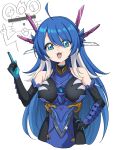  1girl :d ahoge bar_censor bare_shoulders black_dress black_gloves blue_eyes blue_hair breasts censored censored_identity character_request commentary_request cropped_torso dress duel_masters duel_masters_play's elbow_gloves gloves hair_between_eyes hand_on_own_hip hand_up headgear highres index_finger_raised long_hair medium_breasts multicolored_hair q.e.d._(duel_masters) rumiya9i simple_background sleeveless sleeveless_dress smile two-tone_hair upper_body very_long_hair white_background white_hair 