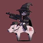  1girl brown_cape cape closed_mouth demon_girl english_commentary expressionless full_body gun hat holding holding_gun holding_weapon horns inverted_pentagram karepack long_sleeves military_uniform original peaked_cap pig pointy_ears red_background red_horns riding riding_animal shadow simple_background solo sweatdrop weapon witch witch_hat 