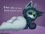 animal_ears animal_nose big_butt black_clothing black_hoodie black_topwear bottomless butt cheek_tuft clothed clothing dialogue eyelashes facial_tuft female fur green_hair grey_body grey_fur hair hoodie humanoid league_of_legends long_sleeves looking_at_viewer looking_back looking_back_at_viewer lying madmanart on_front one_eye_closed purple_background riot_games short_hair simple_background solo talking_to_viewer tencent text thick_thighs topwear tuft vex_(lol) wide_hips yordle